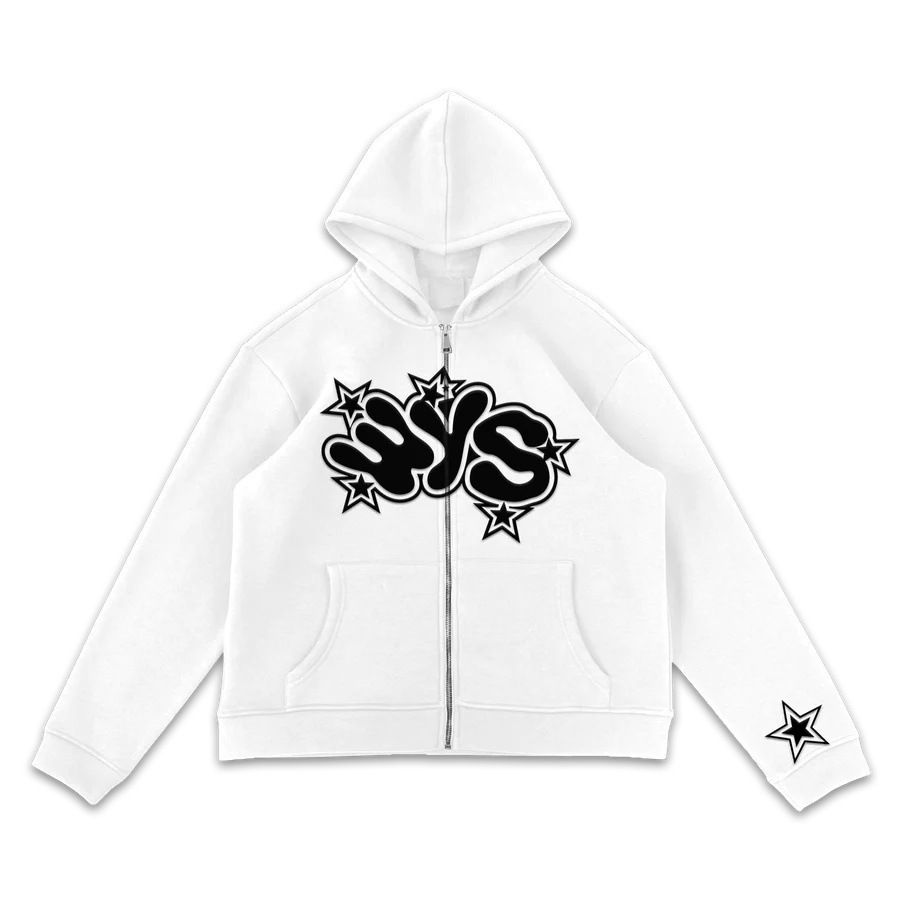 Felpa con cappuccio unisex streetwear con stampa a stelle e lettere – Pullover oversize con cerniera per uomo/donna | Felpa con grafica alla moda (nero/bianco/grigio/crema)_voghion.com