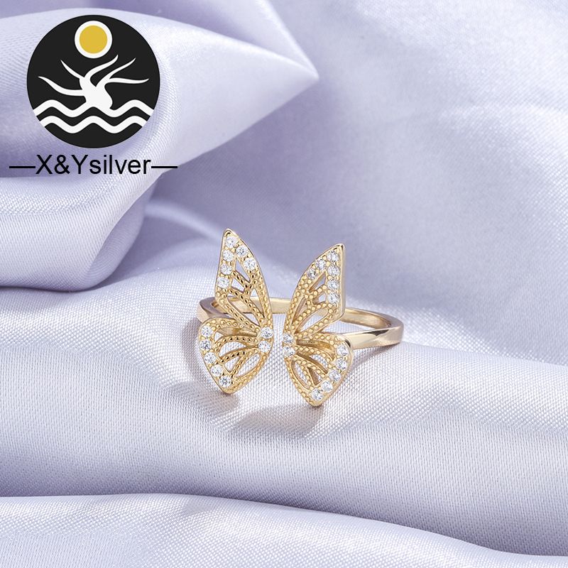 Anello con micro pavé di diamanti e design a nido d'ape con farfalla in argento Sterling 925_voghion.com