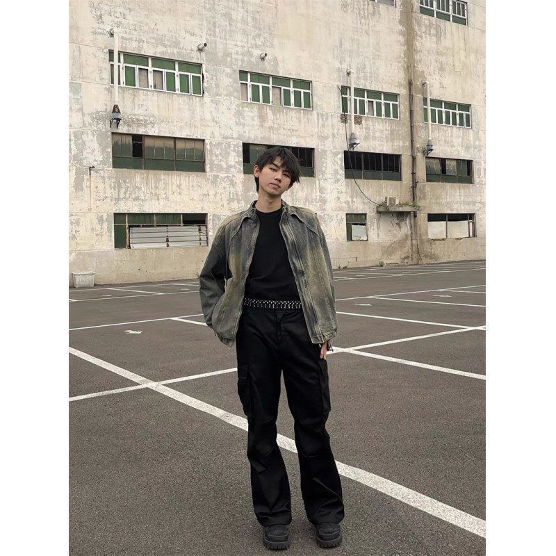 Suitable For All Seasons American Style Washed Vintage Denim For Men, Autumn Deconstructed Design, Stand Collar, Short Biker Jacket_voghion.com