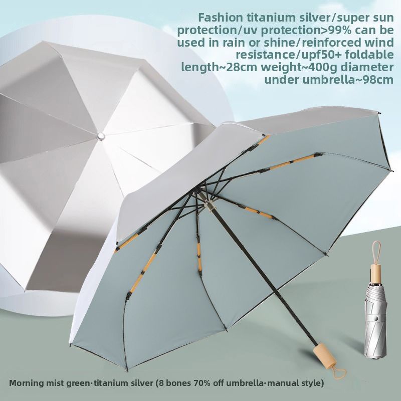 Parapluie en titane argenté, double protection UV, pluie et soleil, pare-soleil pour femme, pliable, UPF 50+_voghion.com