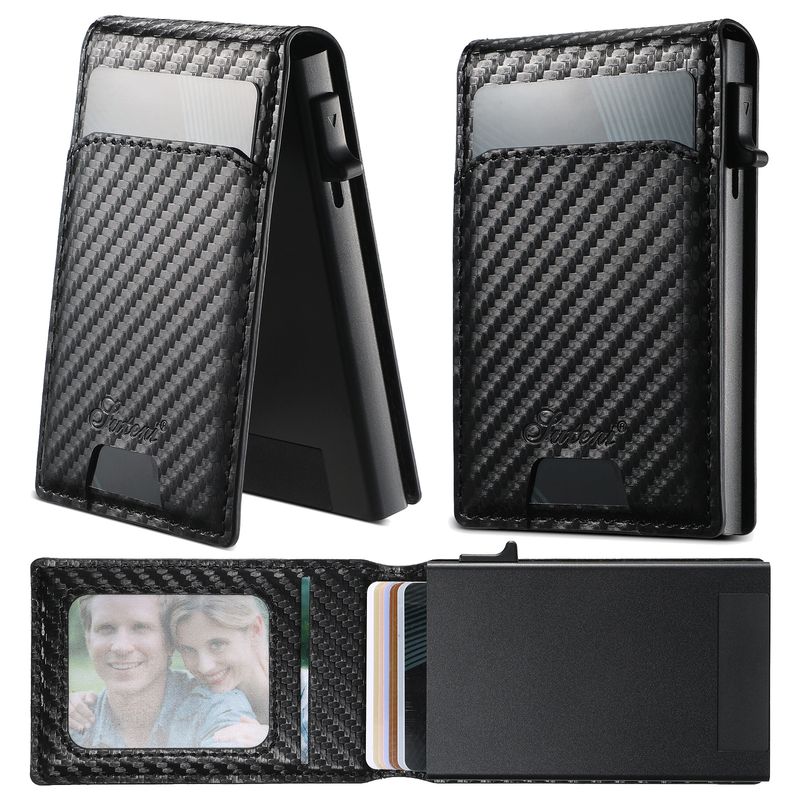 Card Cases Carbon Fiber Leather Keys Automatically Eject Card Case Card With Photo Frame Oil Wax Glossy Lychee Scrub_voghion.com