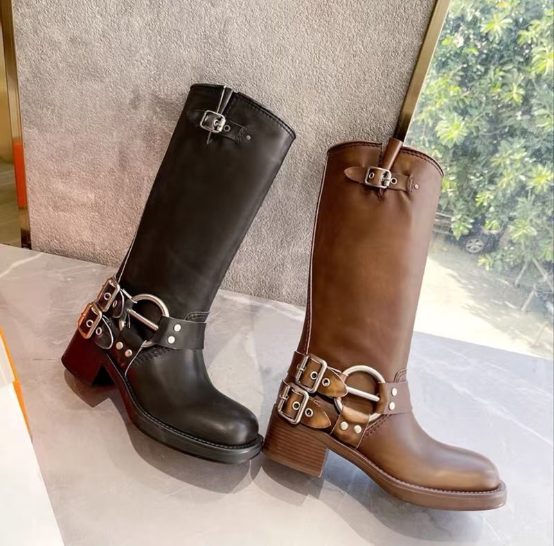 Stivali da cowboy western in pelle marrone con tacco spesso e fibbia per cintura, non sopra il ginocchio, stivali lunghi Miu Home, stivali da cavaliere_voghion.com