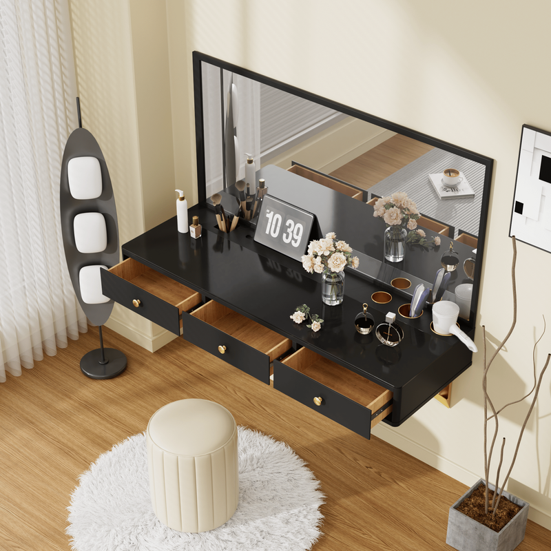 47" Floating Shelf With Drawer, Multi-Purpose Wall-Mounted Vanity Table, Mounted Desk, Floating Table For Bedroom, Bathroom, Hairdressers, Black And Golden_voghion.com