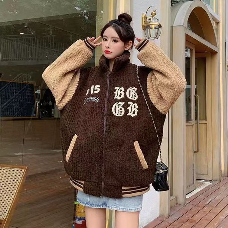 Letter Embroidery Winter Clothes Women Jacket High Street Vintage Sherpa Coat Women Clothing Jackets Loose Jacket Women_voghion.com