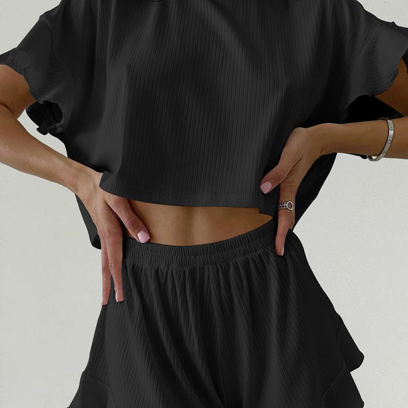 Women's Spring New Comfortable Soft Knitted Ruffle Short Sleeve Shorts Pajamas Two-piece Set  Home Clothes for Women_voghion.com