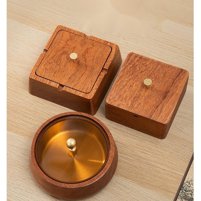 New Chinese Style Ebony Ashtray With Lid, Anti-Flying Ash, Portable Wooden Solid Wood Ashtray, Creative Home Decor_voghion.com