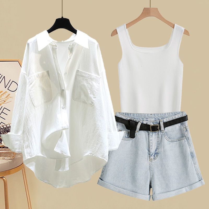 Large Size Women's Summer Suits For Women 2025 New Style Shirts For Women With Suspenders And Denim Shorts Three Piece Suits_voghion.com