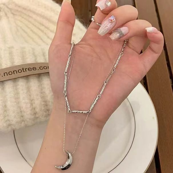 Sweet, Cool, Cold Wind, Double Layer Moon Necklace, Light Luxury, High End, Small And Unique, Clavicle Spicy Girl,_voghion.com