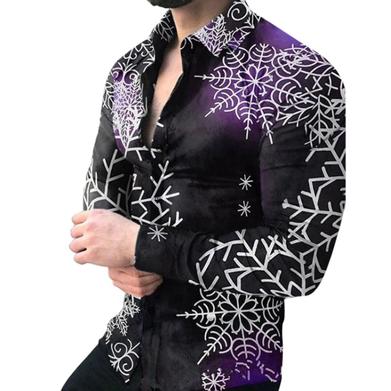 Herrenhemd mit geometrischem Druck, langärmelig, Revers, modisches Strickjackenoberteil, Hemden in Übergröße_voghion.com
