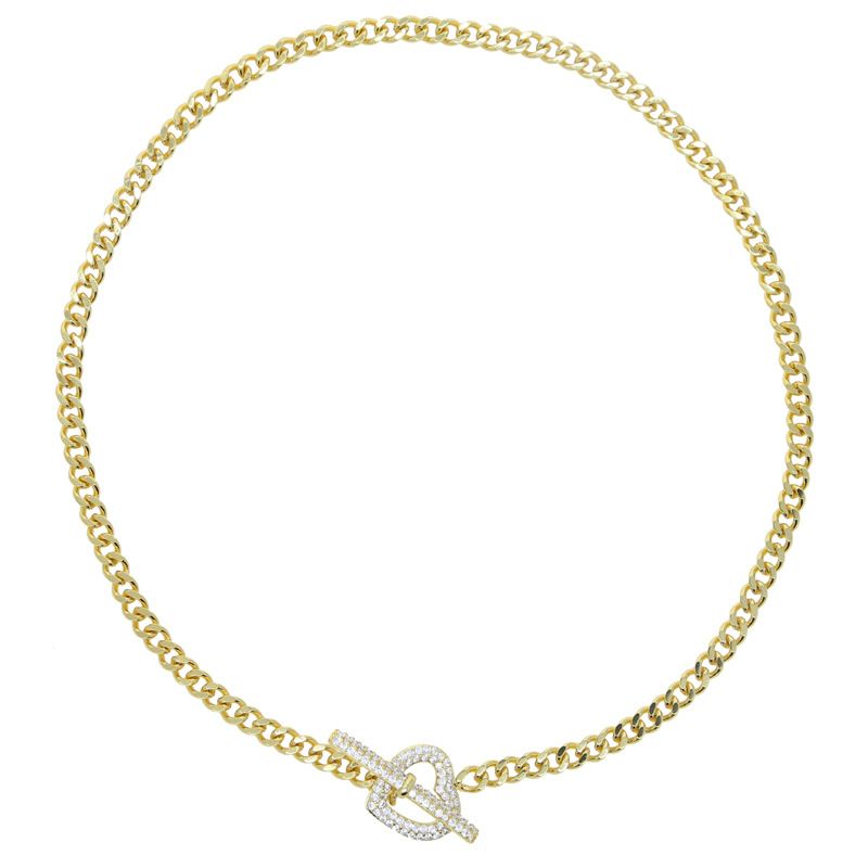 Collana corta da donna con chiusura a forma di cuore e micro zirconi intarsiati, placcata in oro, catena cubana lucida_voghion.com