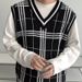 Vêtements pour hommes style automne et hiver tricot style preppy gilet à carreaux décontracté pull ample col en V gilet en laine_voghion.com