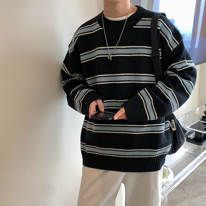 Men's Clothing Striped Crewneck Sweater Men's Autumn and Winter Trendy Brand Pullover Sweater Loose All-match Lazy Long-sleeved Sweater_voghion.com