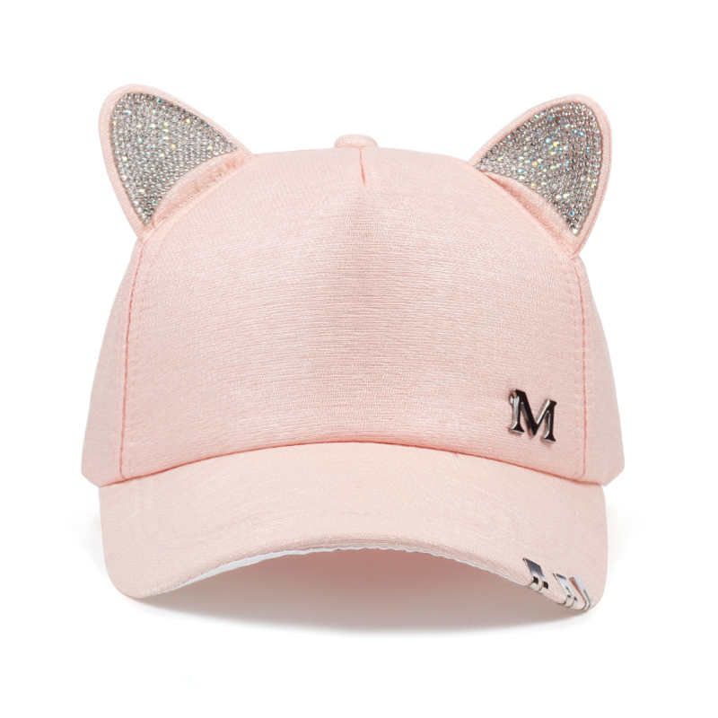 new meow Women's Summer fall black white Pink ears Cat Baseball cap with rings and lace cute girl hat_voghion.com