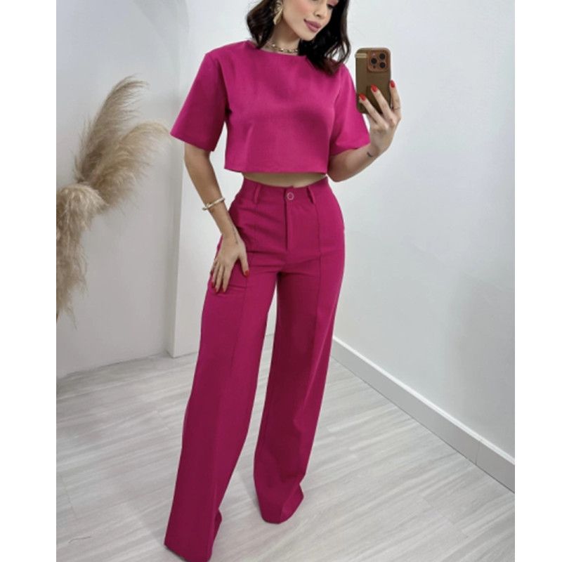 Dameskleding Nieuwe mode Katoenen en linnen korte tops Hoge taille Wijde pijpen Pak Broeken Damespak_voghion.com
