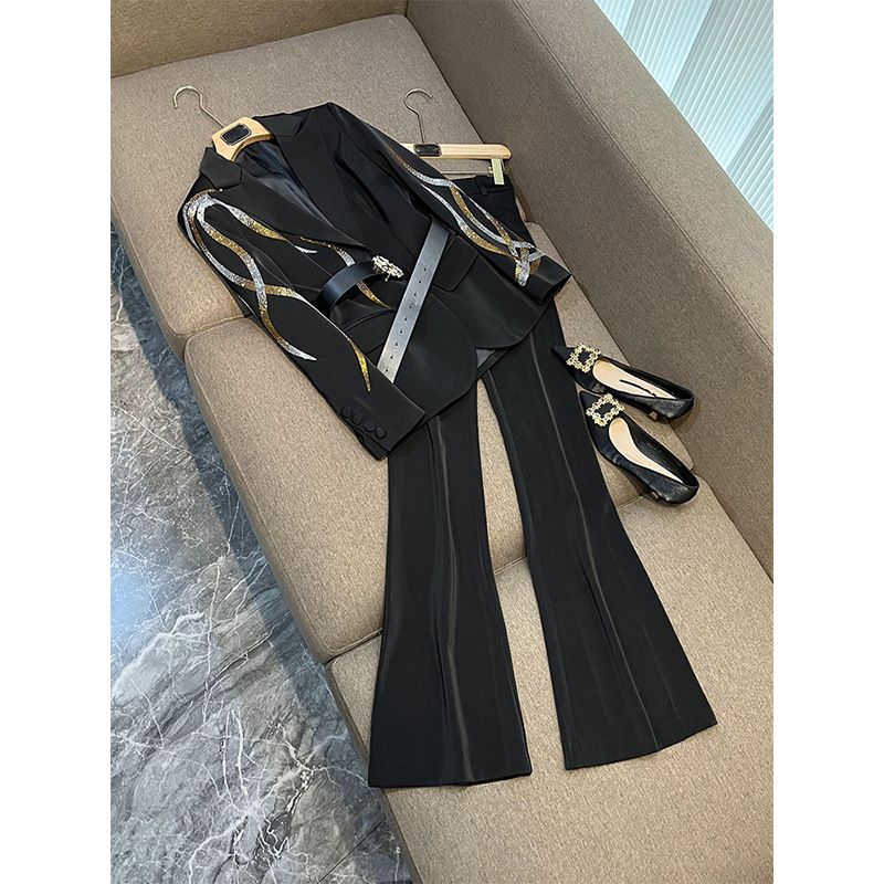Women's Clothing celebrity temperament colored diamond hot diamond belt suit flared pants suit two pieces_voghion.com