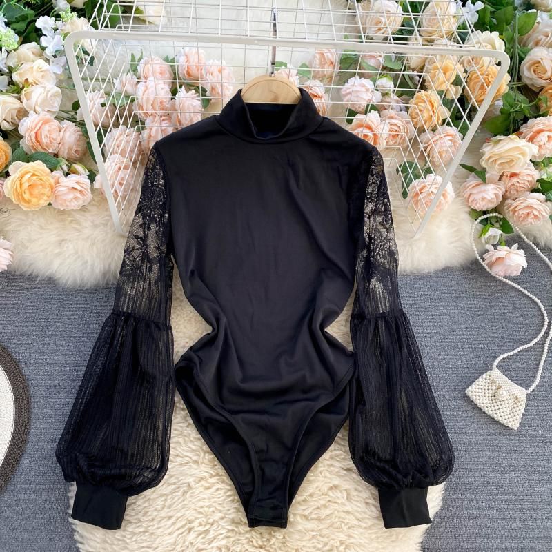 Women's Clothing ins fashion blogger private clothes design lace lantern sleeve splicing temperament high collar_voghion.com