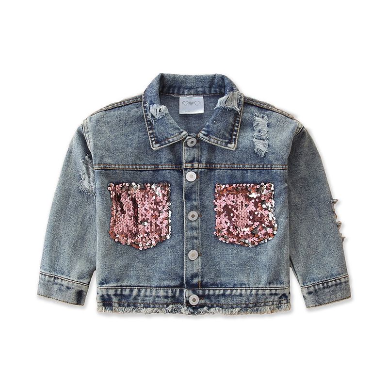 Casaco jeans feminino primavera e outono com bolso pequeno de lantejoulas_voghion.com