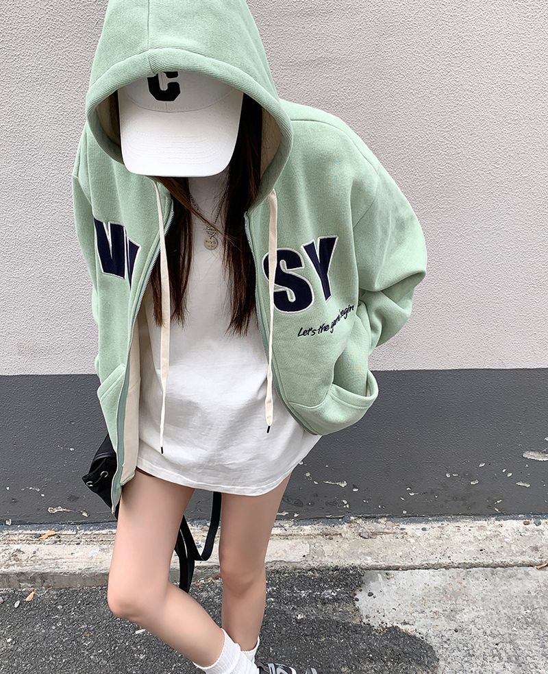 2022 Autumn/Winter New Internet Celebrity Cream Green Hoodie Coat with Velvet Thick Cardigan Women's High Street Trendy_voghion.com