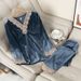 Underwear & Sleepwears Velvet Lace Trim Women's Winter Pajama Set - Soft Flannel Long Sleeve & Pants For Home & Outwear (Grey, Blue, Wine, Pink)_voghion.com