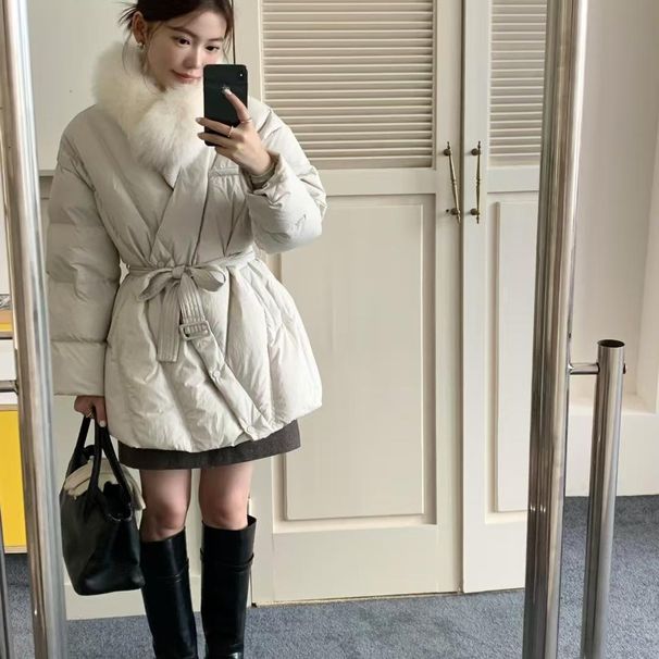 Winter New Design Pinghu Down Jacket Women's Neck, Hairy Collar, Waist Strap, Ladies' Style Coat_voghion.com