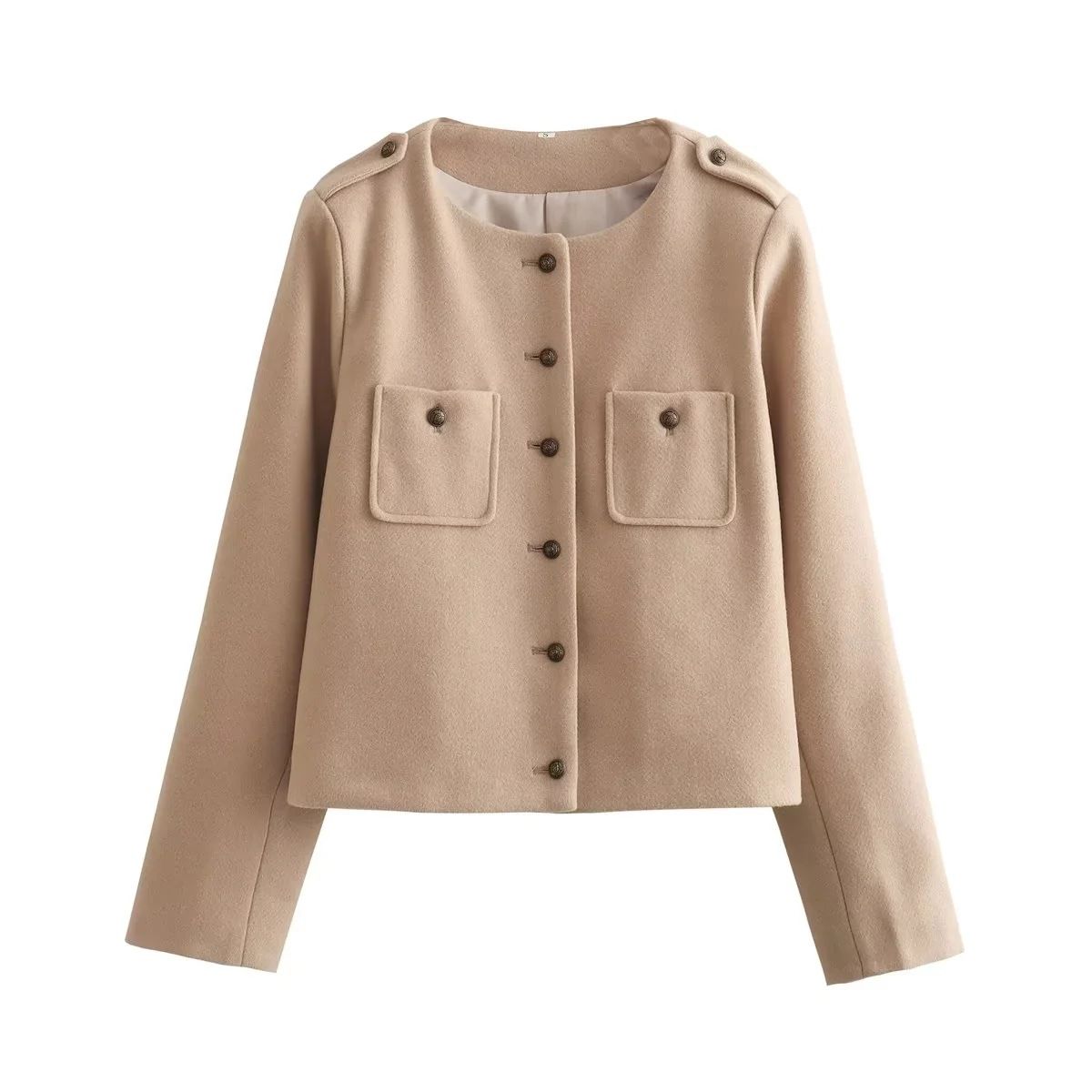 2025 Frühjahr/Herbst Neue Einreiher Rundhals Tasche Dekoration Weiche Kurze Langarm Mantel Für Frauen A19849_voghion.com