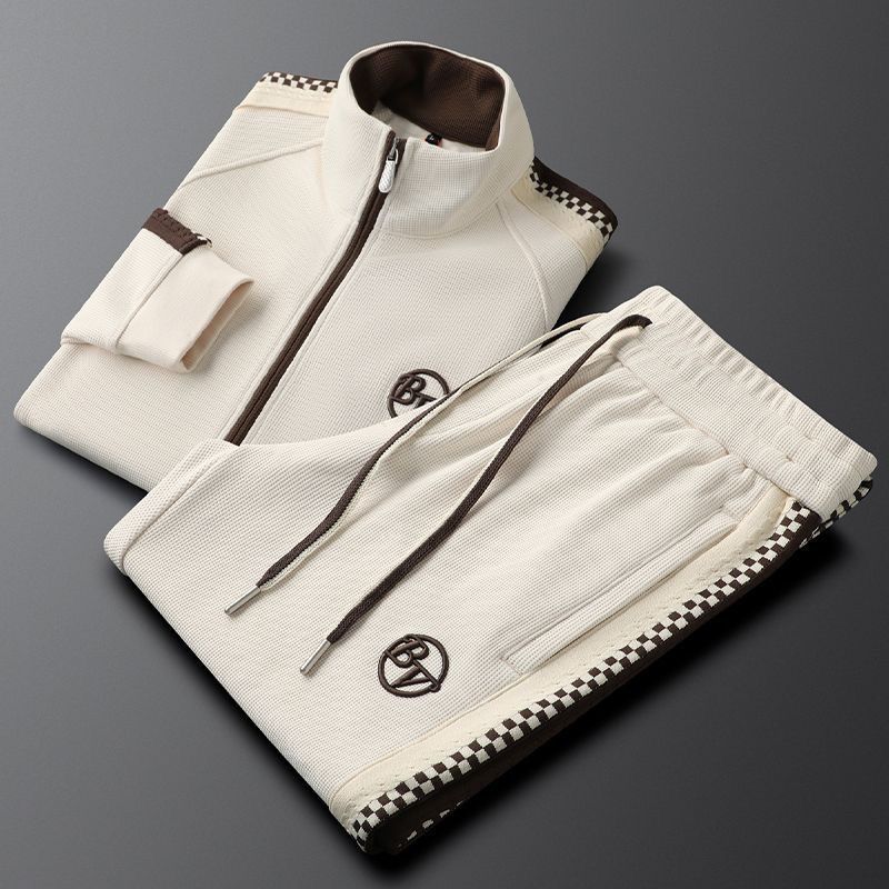 Costume décontracté léger et luxueux Huafu Ge, couleur contrastée, coupe slim, printemps-automne 2025, veste cardigan et pantalon de survêtement pour homme_voghion.com