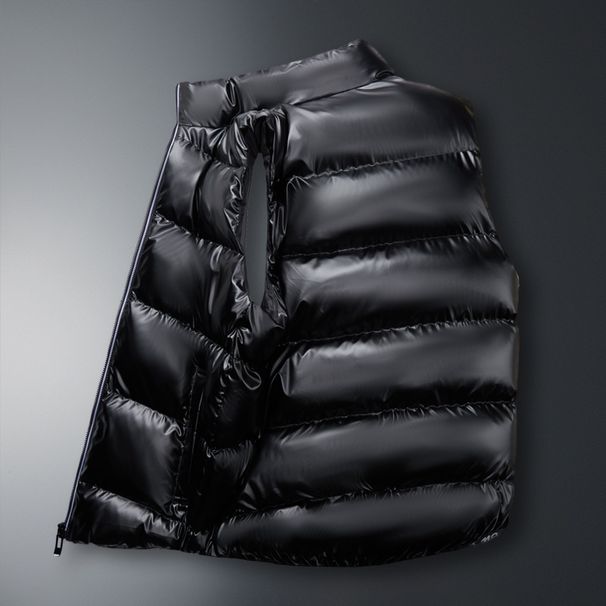 Gilet invernale imbottito da uomo con finitura lucida, collo alto, giacca casual senza maniche per taglie grandi e alte (L-8XL, nero/blu/oro/argento)_voghion.com