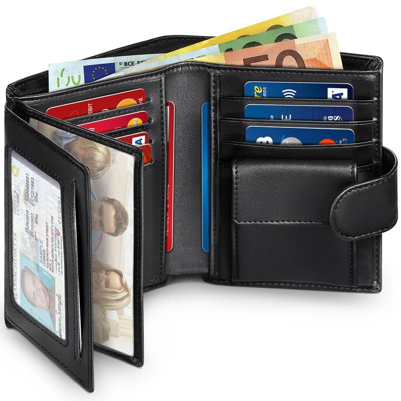 Herren-Geldbörse aus echtem Leder, Business-Geldbörse, RFID-Kartenhalter, transparentes Fenster, Geldscheinfach, Schwarz_voghion.com