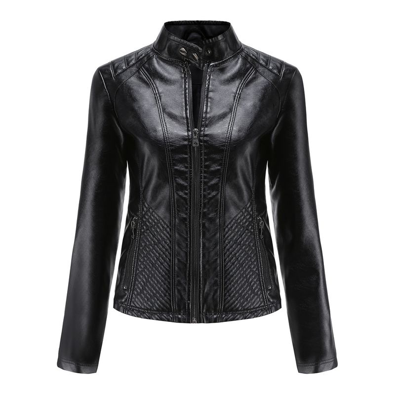 Chaqueta de cuero informal para mujer, chaqueta fina, chaqueta motera de manga larga_voghion.com