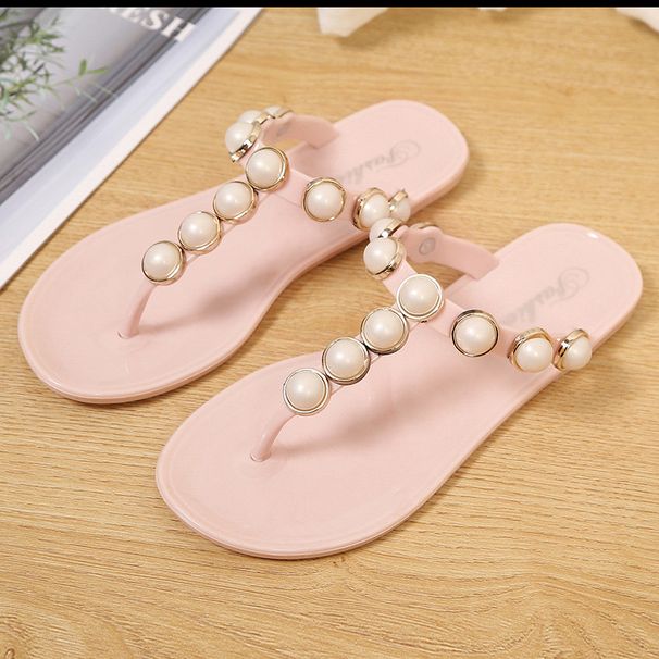 Women's Summer Simple Flat Flip-Flops With Pearl Decoration, Trendy Toe-Post Sandals_voghion.com