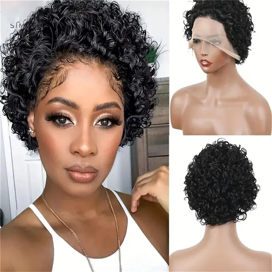 Pixie Cut Wig Curly 13X1 Transparent Lace Human Hair Wigs 180% Density Brazilian Wigs 100% Water Wave Natural Hair Wig Remy Hair_voghion.com