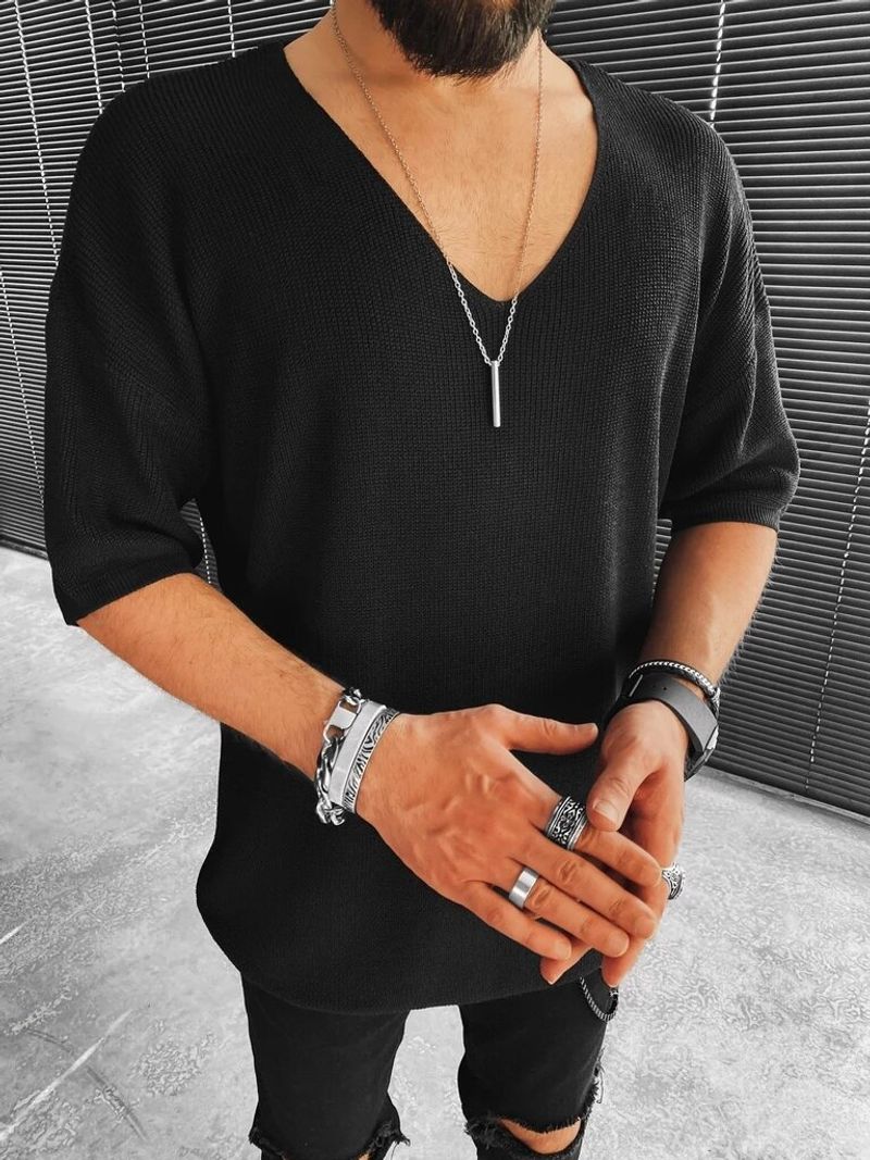 Men's Clothing V Neck Short Sleeved Knitted Sweater_voghion.com