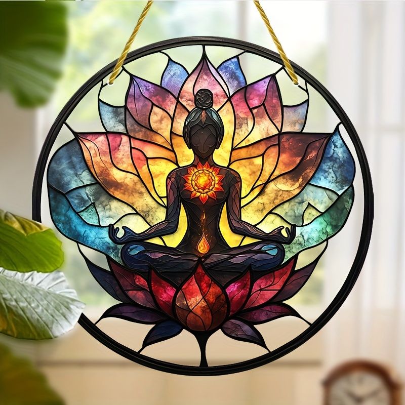 Atrapasueños de meditación de loto - Mandala de acrílico teñido de 20 cm. Decoración serena para espacios de yoga o como regalo espiritual._voghion.com