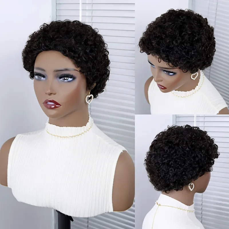 Afro Curly Human Hair Wigs With Bangs Short Pixie Cut for Women Machine Made_voghion.com