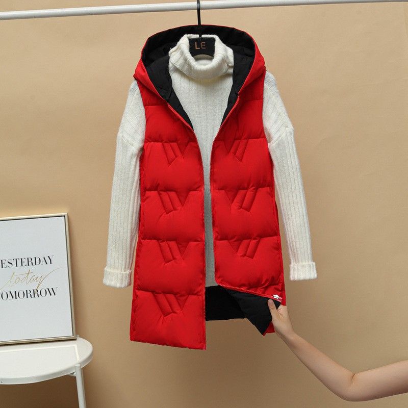 Damenbekleidung Weste Einfarbig Lose Lange Weste Mit Kapuze Weste Daunenweste Aus Baumwolle Jacke_voghion.com