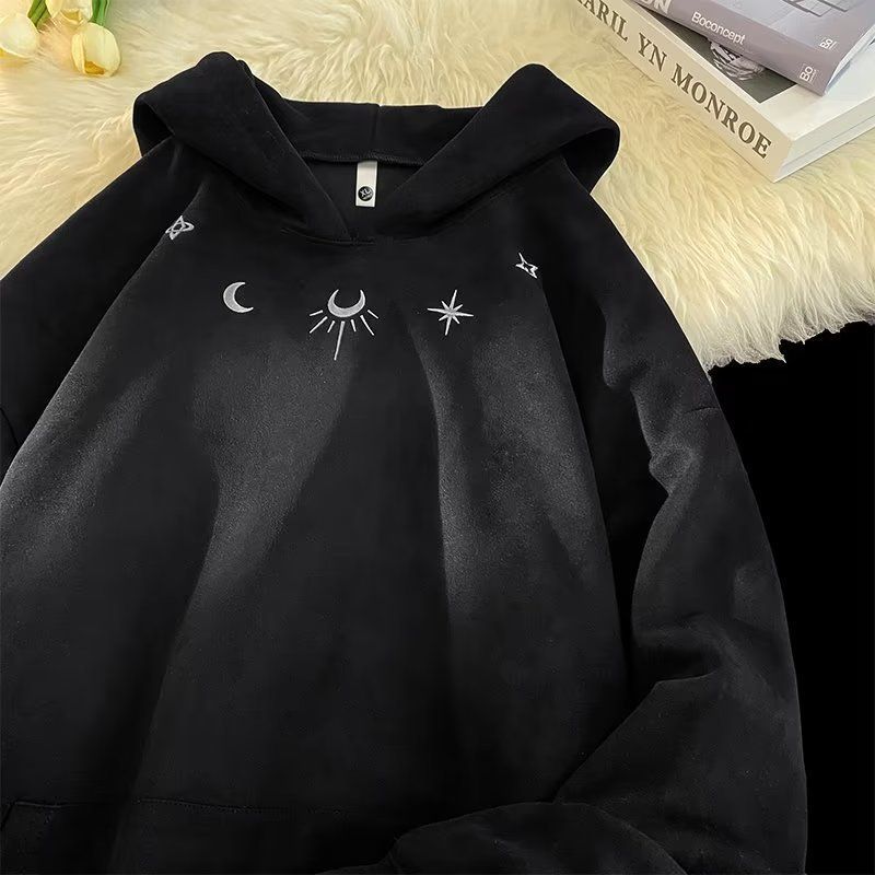 Men's Suede-Like Embroidered Hoodie – High Street Fashion Pullover With Ribbed Hem & Side Pockets, Oversized Fit (M-3XL, Grey/Black/Beige)​_voghion.com
