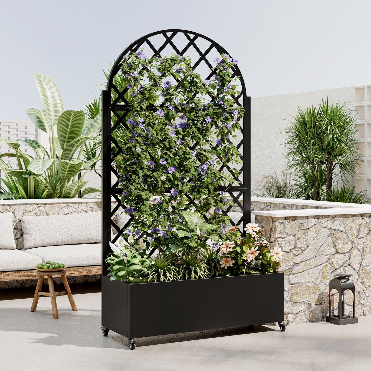 round Metal Planter Box With Trellis Raised Garden Bed With 4 WheelsTrellis & Privacy Screen For Climbing Plants, Vegetables, Vines_voghion.com