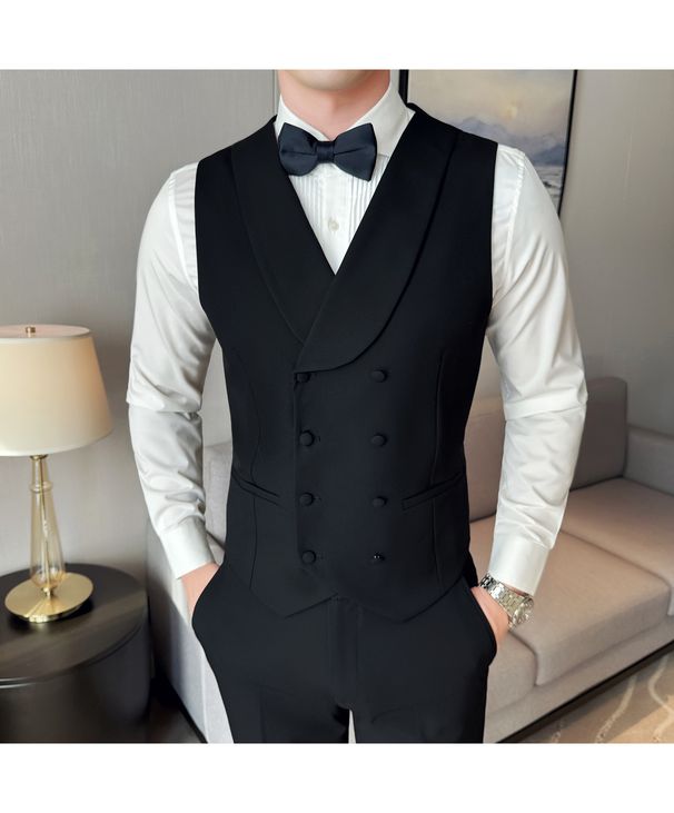 Erkek Giyim Kruvaze Takım Elbiseler Slim Fit Kruvaze Takım Elbise Seti - Damat ve Sağdıçlar İçin Düğün Smokini, İş Resmi Blazer ve Pantolon (Siyah)_voghion.com