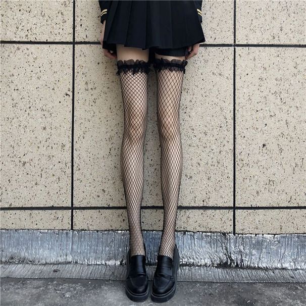 Calzini lunghi a rete con pizzo sopra il ginocchio per donna, carini, stile sottile, sexy, dimagranti, stile JK_voghion.com