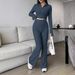 Abbigliamento da donna Moda tinta unita a coste due pezzi set con cerniera top corto a maniche lunghe e pantaloni svasati a vita alta_voghion.com
