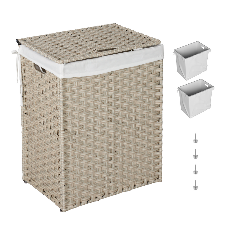 Laundry Hamper With Lid PE Rattan Powder Coating Frame Clothes Hampers with 02 Removable Bags, 100L, Grey Color_voghion.com