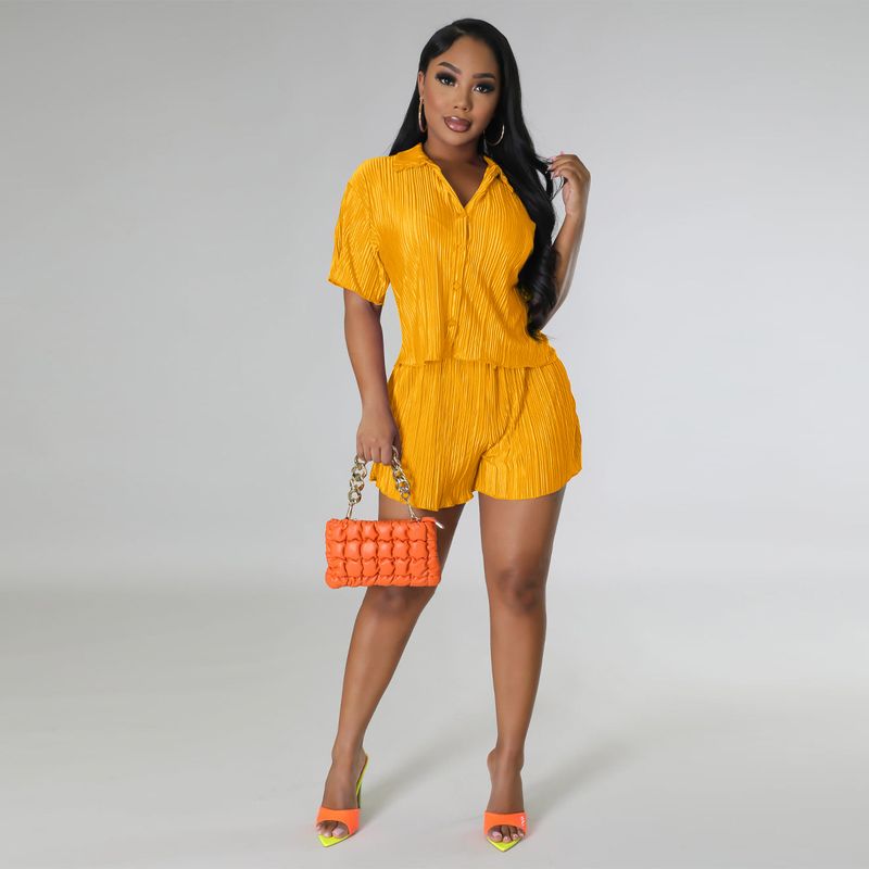 Vêtements d'été pour femmes, nouvelle combinaison décontractée deux pièces froissée de couleur unie_voghion.com