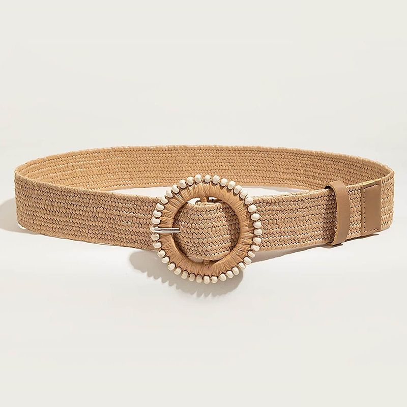 1pc Frauen Runde Schnalle Boho Stroh Gürtel Für Strand Ellipse Schnalle Perle Dekor Böhmischen Woven Gürtel Für Urlaub_voghion.com