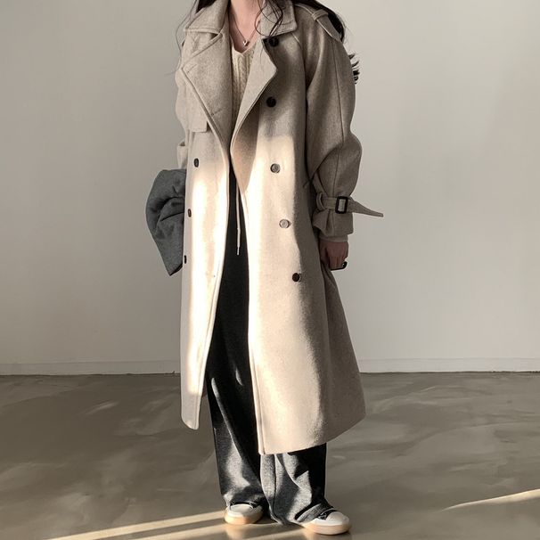 Chic Korean Winter Coat – French-Inspired Long Wool Blend Trench With Double-Breasted Belt, Oversized Lapel & Thick Warm Fabric_voghion.com