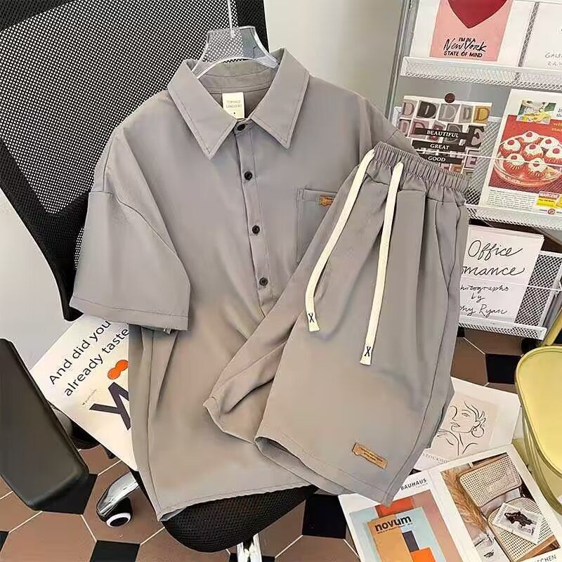 Men's Clothing Shirt men's summer new thin short sleeved shirt suit Hong Kong style trendy loose Japanese beach shorts two piece suit_voghion.com