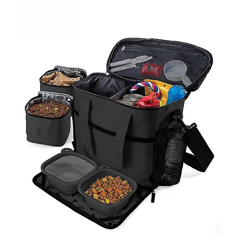 Dog Travel Bag Accessories Supplies Organizer 5-Piece Set With Shoulder Strap | 2 Lined Pet Food Containers, 2 Collapsible Feeding Bowls. Everyday Do_voghion.com
