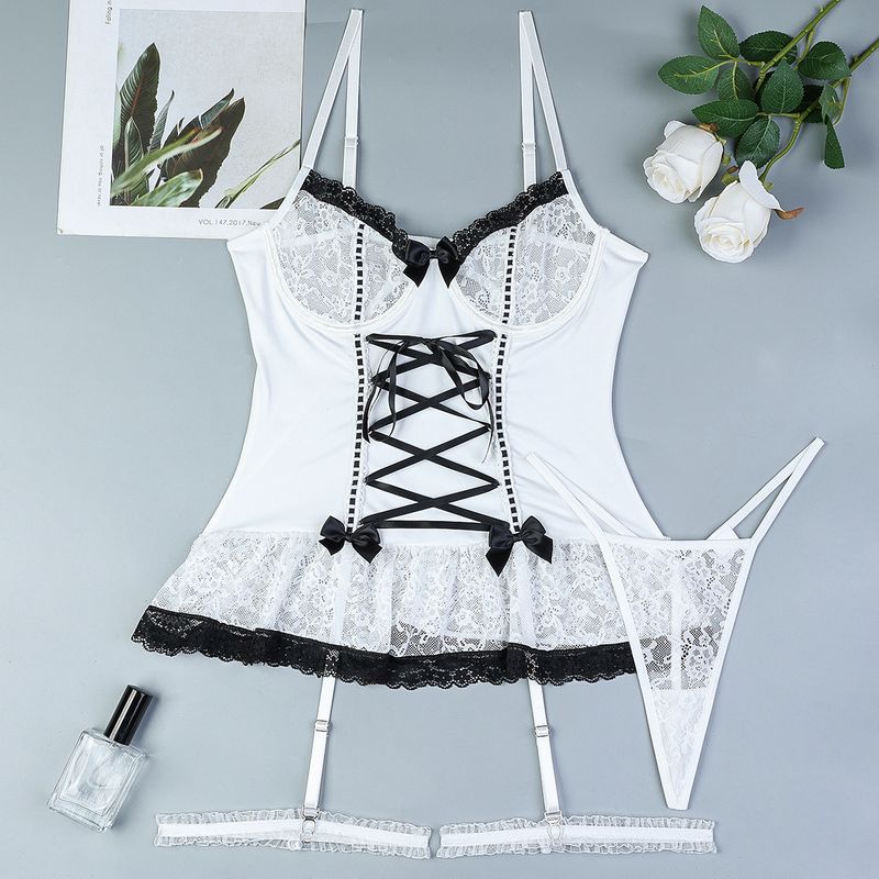 Women's clothing sexy lingerie pure desire style lace cross strap bow black hit white cute girl suit _voghion.com