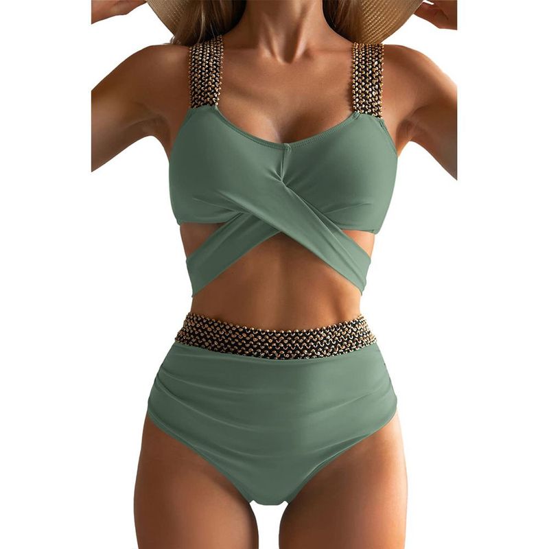 Novo estilo de biquíni de duas peças com estampa de leopardo, cor sólida, cintura alta, controle de barriga, lantejoulas, faixa elástica_voghion.com