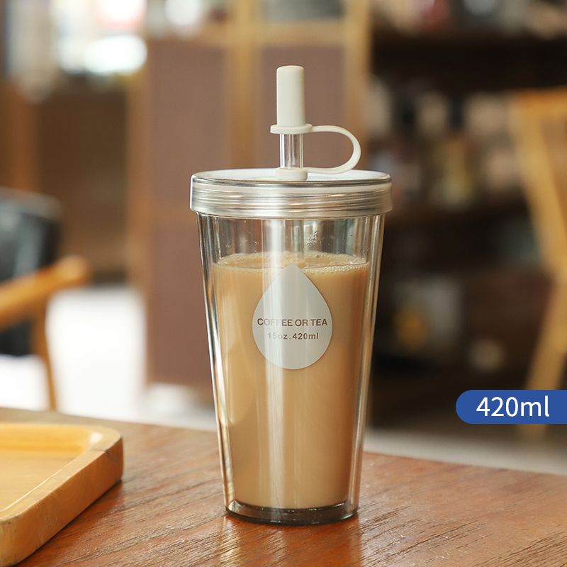 Double Layer Straw Milk Tea Cup With Lid, Portable Water Cup, Fruit Tea Cup, Small Creative Plastic Cup For Summer, Wate_voghion.com