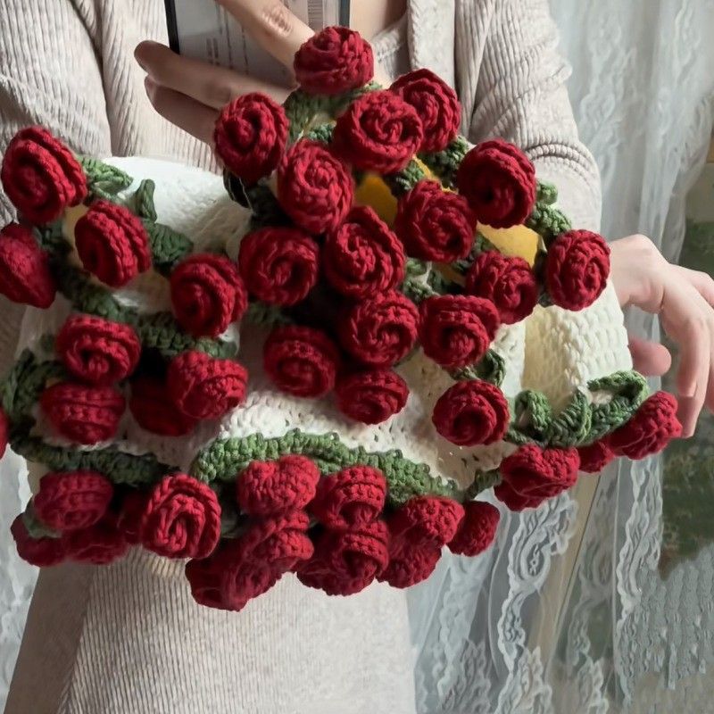 Rose Bouquet & Lily Of The Valley Knit Blanket Kit - DIY Handmade Acrylic Yarn Crochet Set (Includes Hook Needles Floral Home Decor)​_voghion.com